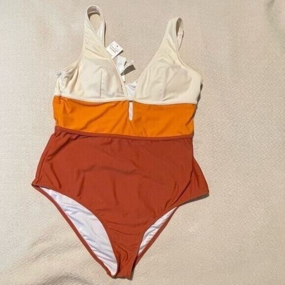 Cupshe Womens XL Colorblock One-Piece Swimsuit Orange V-Neck High Waist Cutout - Picture 3 of 8